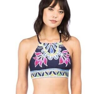 Trina Turk Size 8 Reversible High Neck Racerback Bikini Set 2pc Blue Lotus Batik
